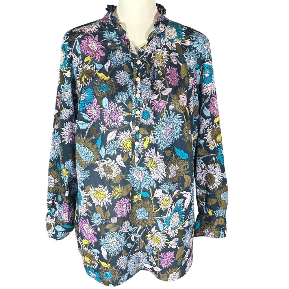 Talbots Blouse Women 1X Blue Floral Ruffle Neck Button Front Long Sleeve Tunic